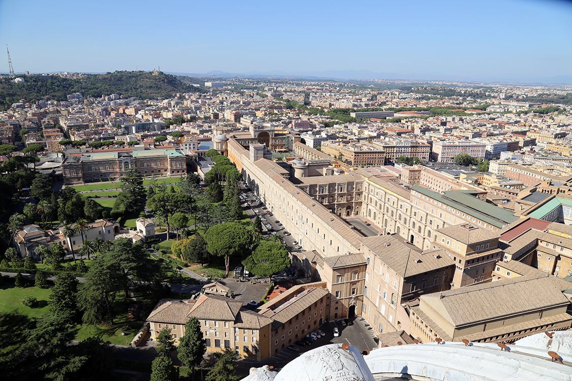 Vatican.
Vue depuis la coupole sur les diffÃ©rents palais du Vatican, la chapelle Sixtine (le bÃ¢timent rectangle en bas Ã  droite) et la PinacothÃ¨que (le grand bÃ¢timent au fond du jardin).