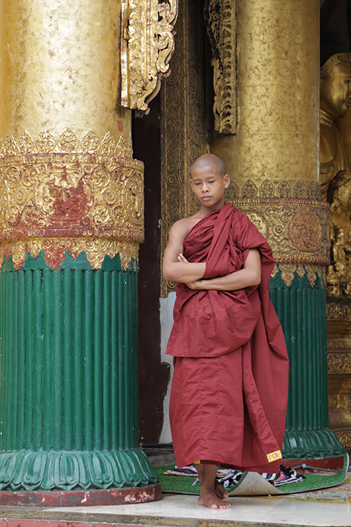 Yangon.
Pagode Shwedagon.
Chaque birman passe au moins une semaine dans un monastÃ¨re, en gÃ©nÃ©ral vers 10-12 ans, et revient vers 20 ans pour une pÃ©riode plus longue, voire toute la vie. Qu'en est-il de ce jeune garÃ§on ?...