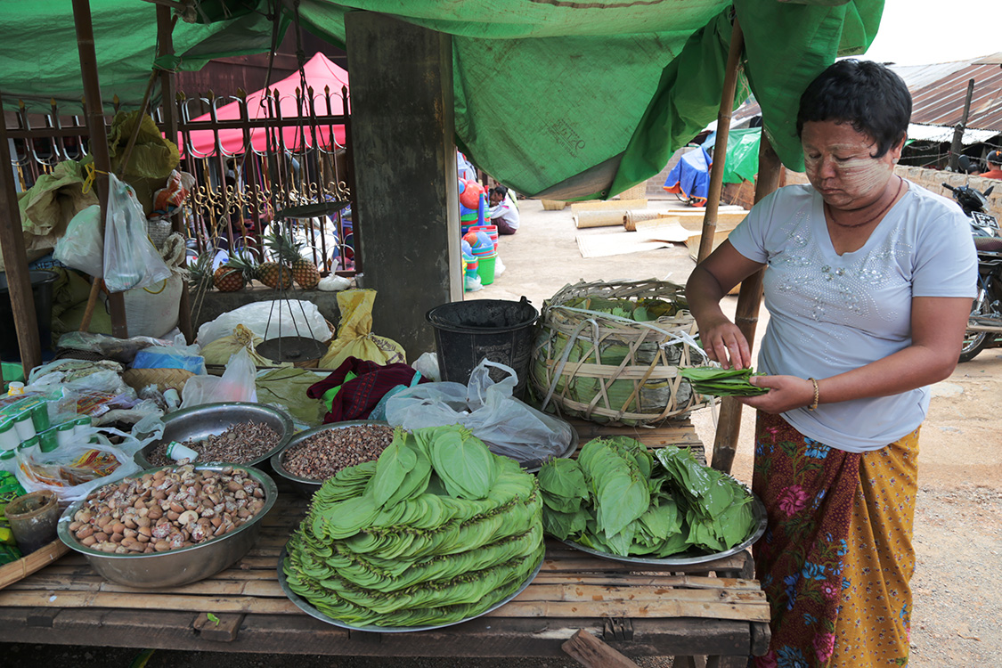 MarchÃ© de Pindaya.
Une Ã©choppe avec tout le nÃ©cessaire pour le BÃ©tel, une chique consommÃ©e par plus de la moitiÃ© des birmans. Elle est constituÃ©e d'une feuille de bÃ©tÃ©l, d'une couche de chaux, de morceaux de noix d'arec, d'Ã©pices et de tabac.
On reconnaÃ®t immÃ©diatement les consommateurs Ã  leurs dents rouge foncÃ©...