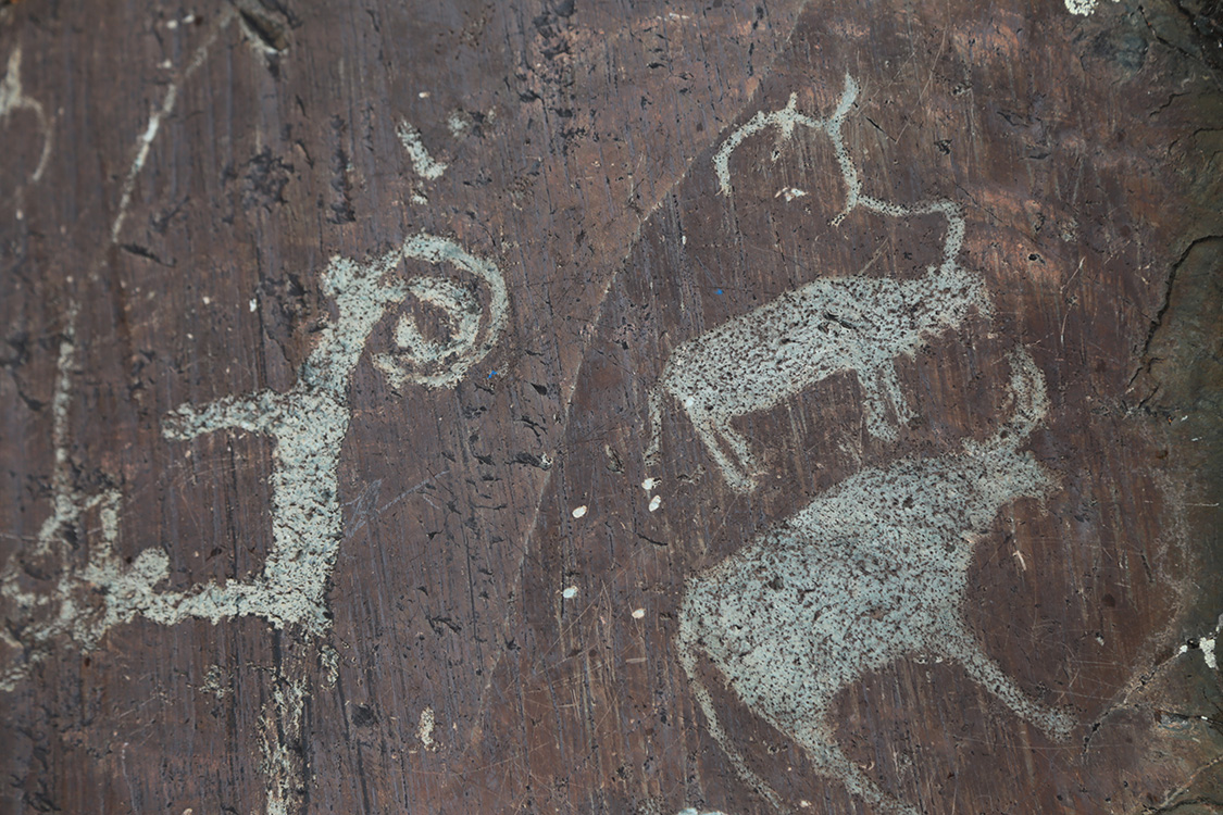 VallÃ©e de la riviÃ¨re Yelangash.
Sur un promontoire rocheux, on a pu observer une grande quantitÃ© de pÃ©troglyphes assez exceptionnels. Ces dessins sont gÃ©nÃ©ralement rÃ©alisÃ©s sur des pierres striÃ©s.
Ces stries sont le tÃ©moin de l'Ã©coulement des glaciers qui ont glissÃ©s sur ces pierres.