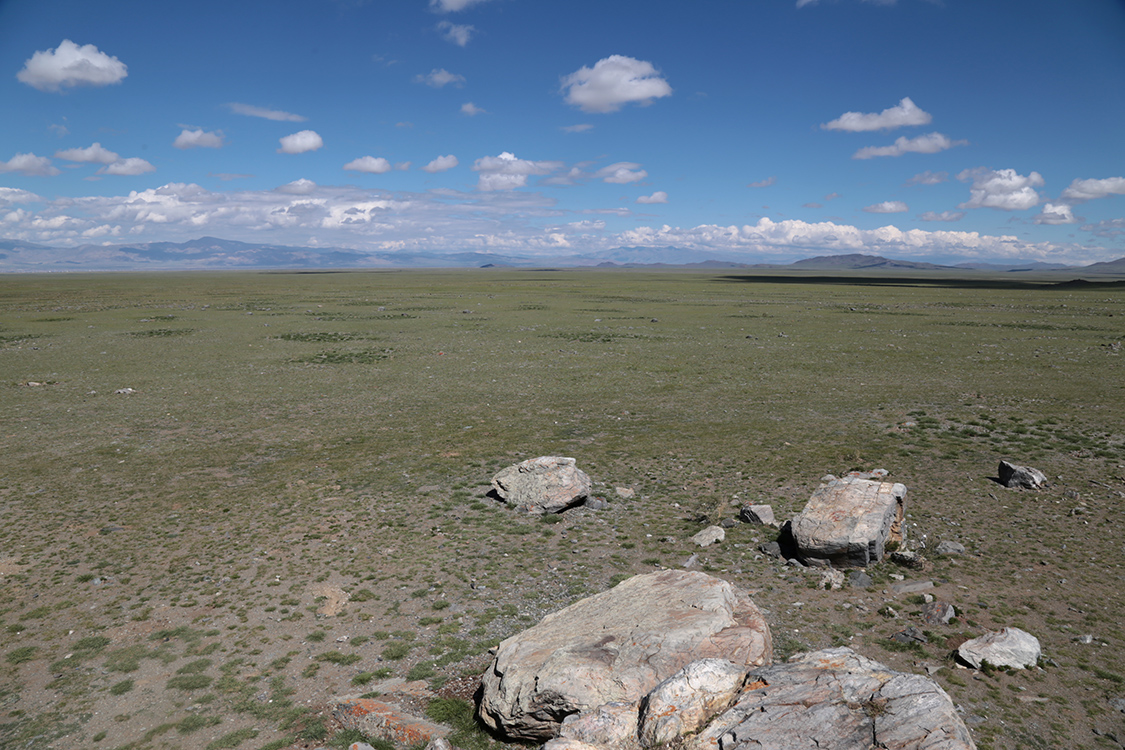 Complexe mÃ©galithique de Tarkhata au milieu de la steppe...
Au loin, la Mongolie.